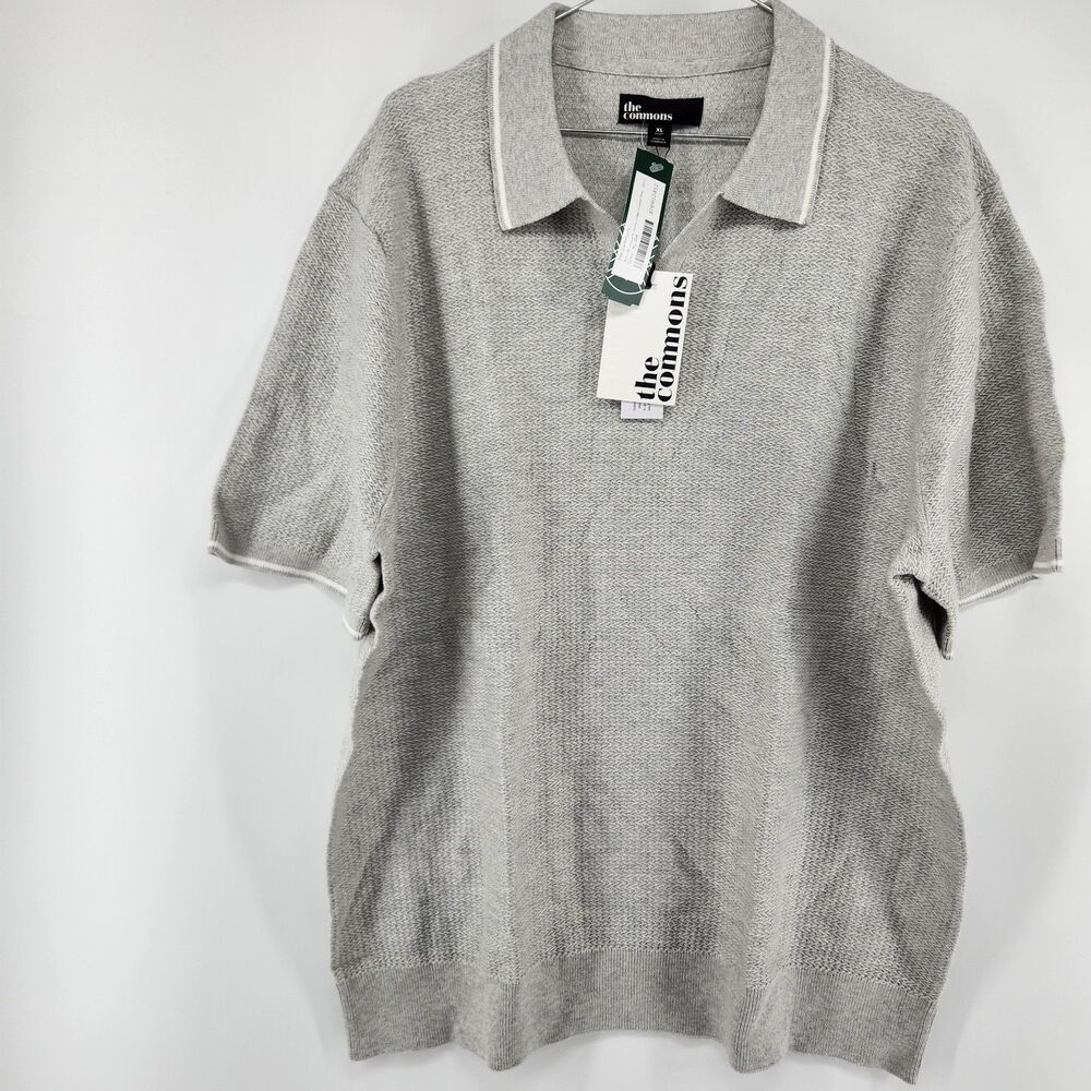 The Commons Men's XL Short Grey Textured Jacquard Johnny Collar Sweater Polo NWT